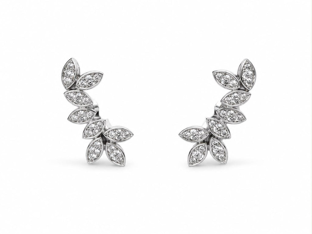 Pendientes trepadores hojas de oro blanco y brillantes
