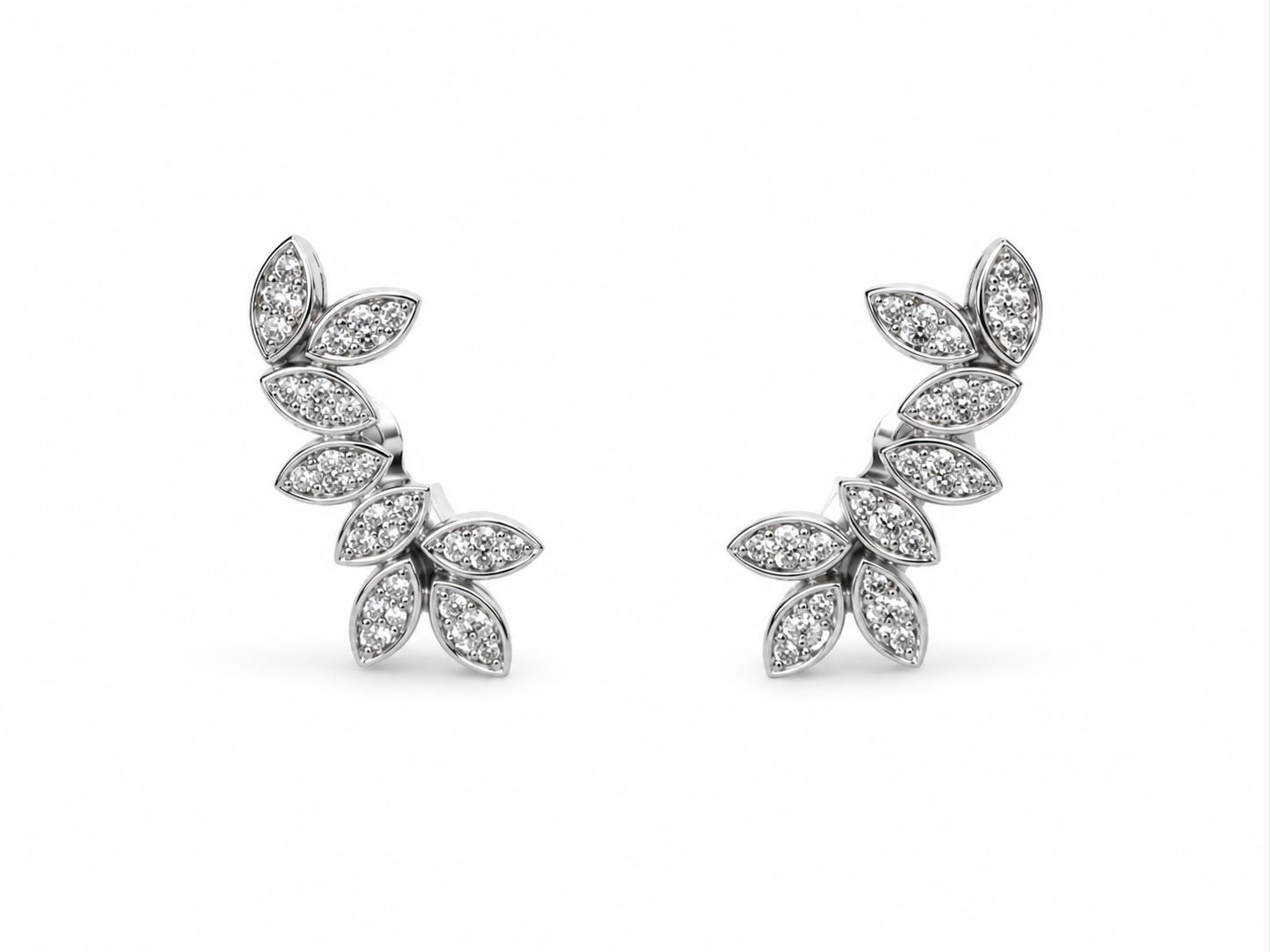 Pendientes trepadores hojas de oro blanco y brillantes